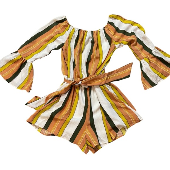 & Merci Striped Off-Shoulder Romper Jumper Size S Muted Orange Gold Playsuit Fun - Picture 4 of 12